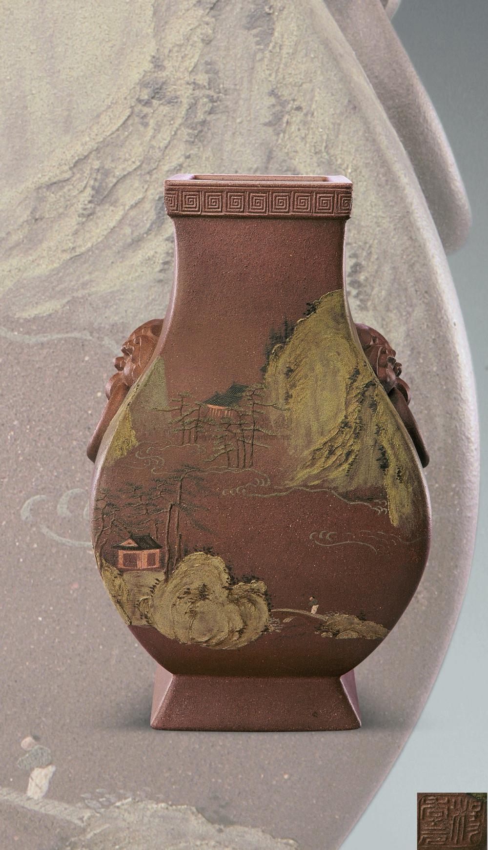 1767清乾隆杨季元泥绘山水花鸟图紫砂瓶