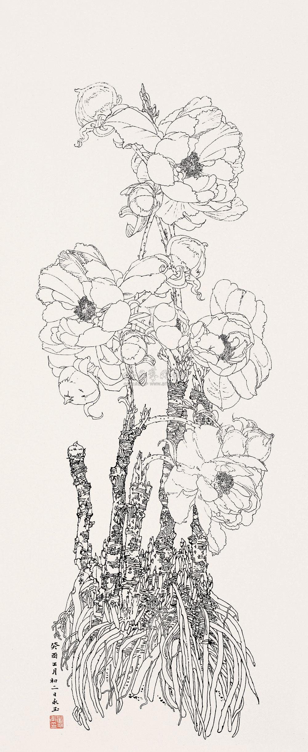 0104 1993年作 白描花卉 镜心 水墨纸本