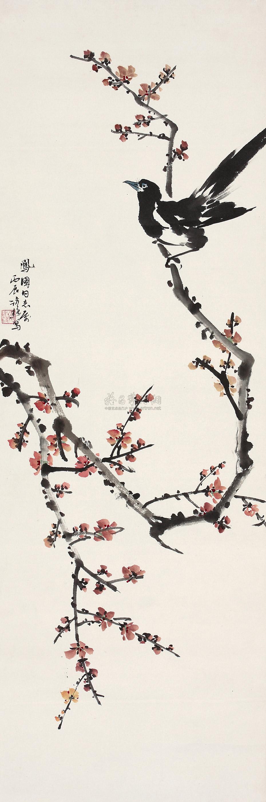 0003喜鹊梅花镜片设色纸本