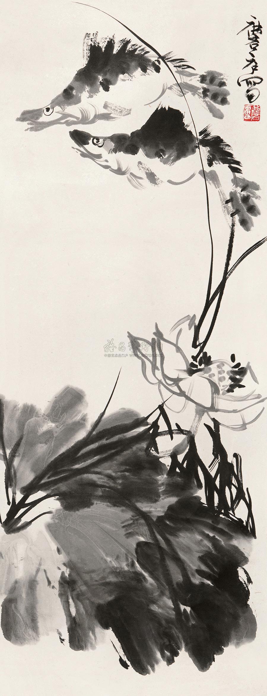 1639 荷花鳜鱼 立轴 纸本