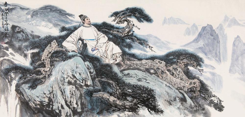 0022 李白登高吟诗图 横幅 设色纸本