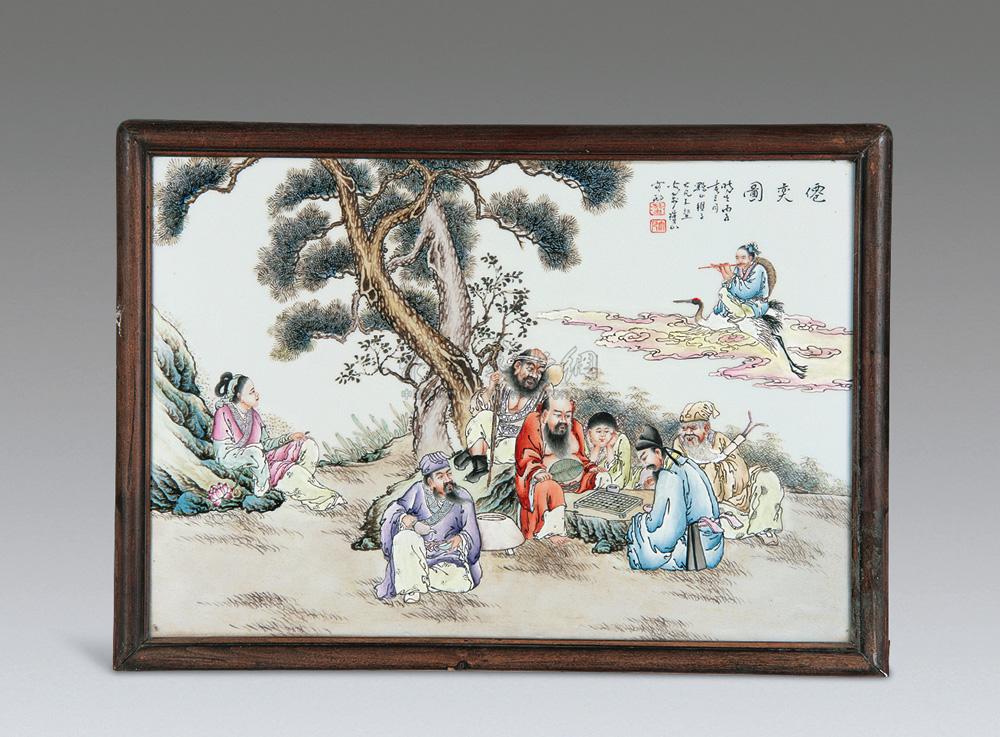 0151 民国 王大凡款粉彩仙弈图瓷板