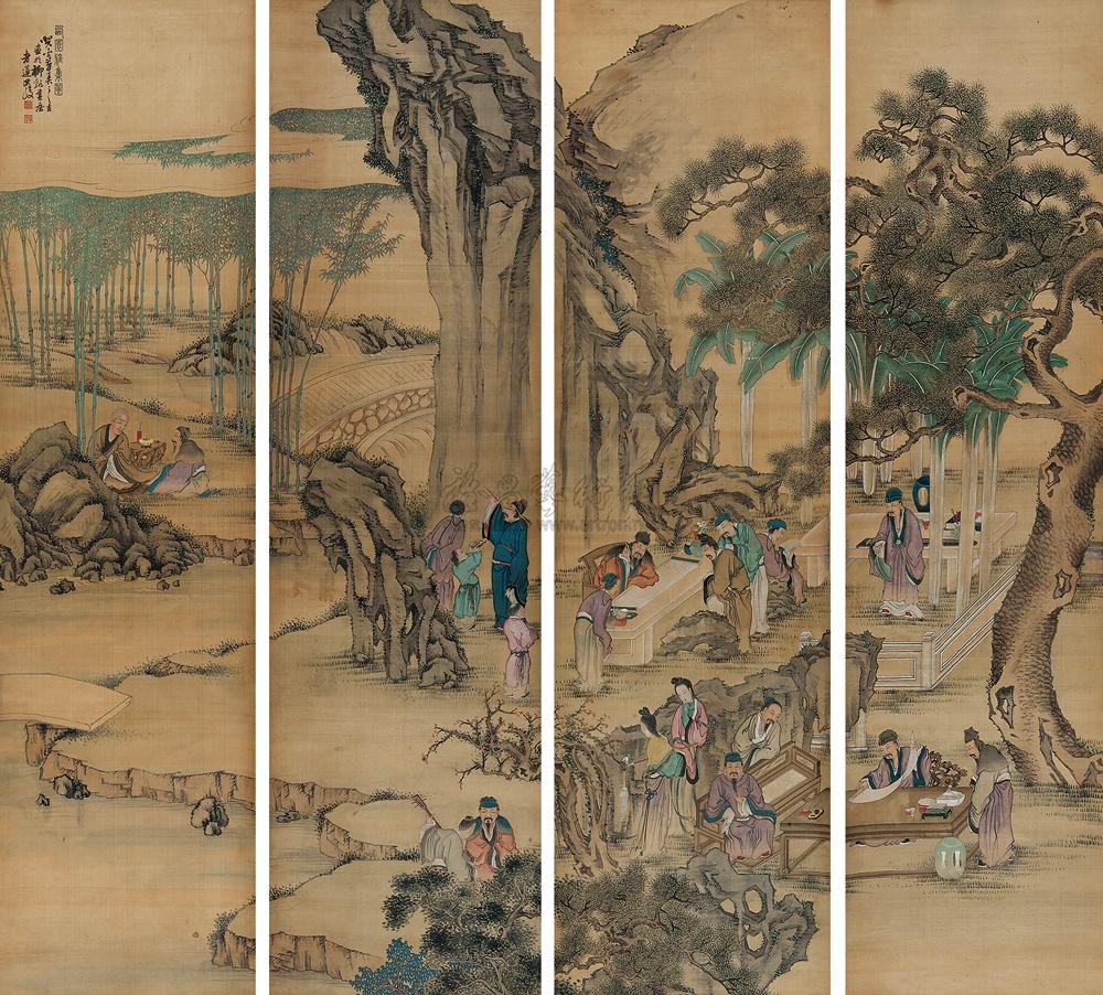 37991632年作西园雅集图四屏设色绢本