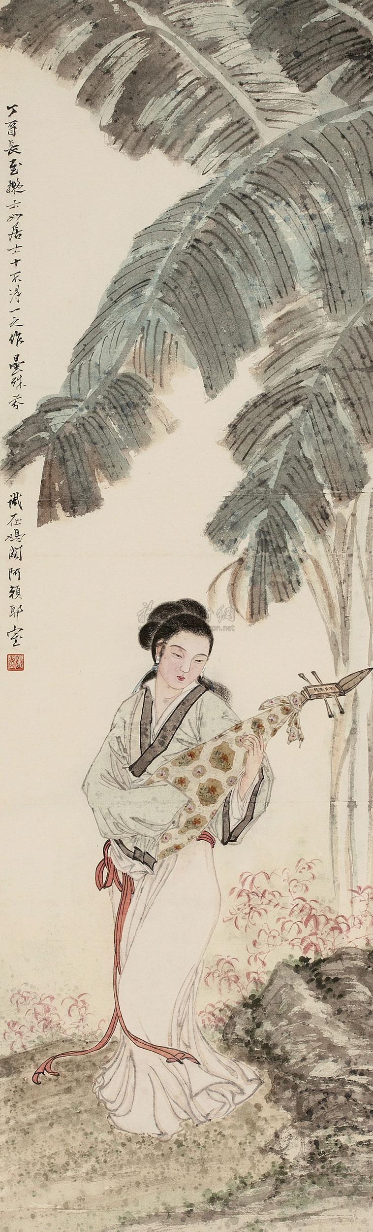 0542 丁酉(1947)年作 抱琴仕女 立轴 纸本