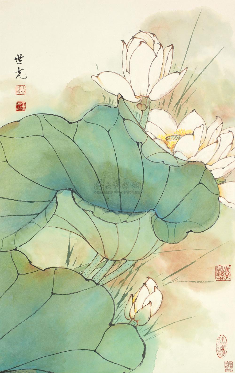 0173白莲镜框设色纸本