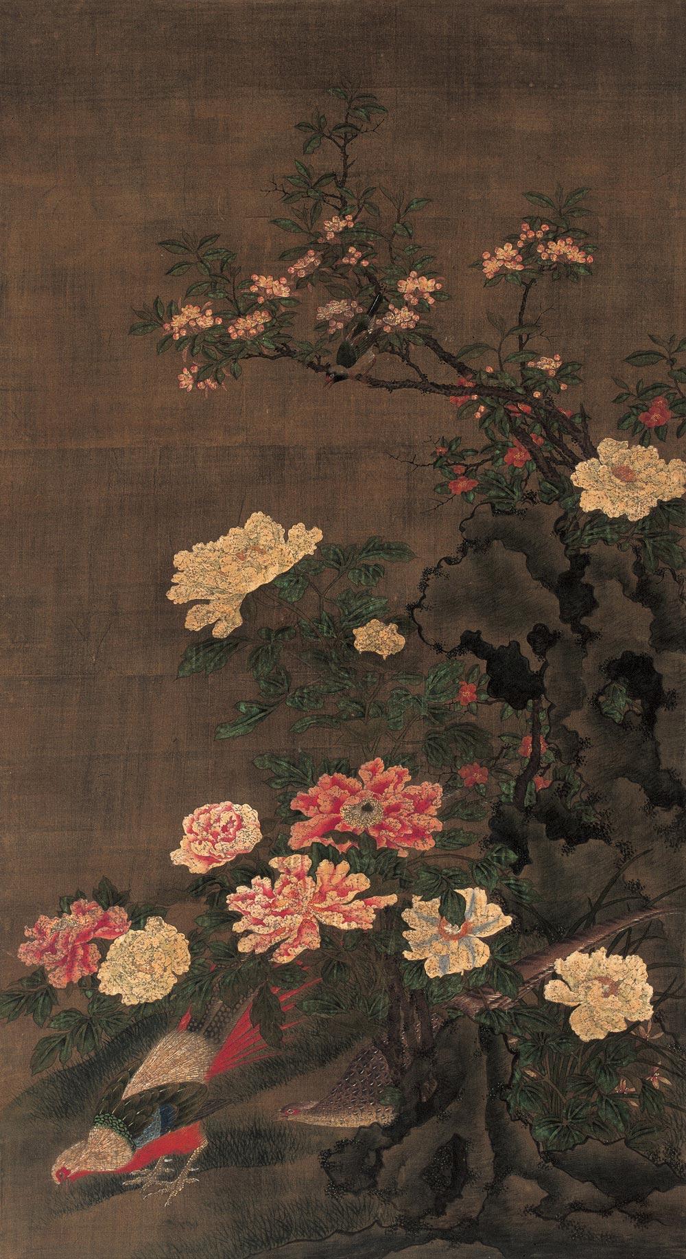 1095牡丹锦鸡图立轴设色绢本