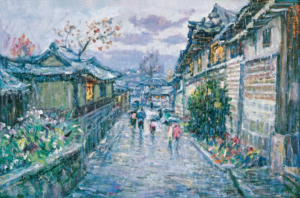 0729 下雨的街道 布面油画
