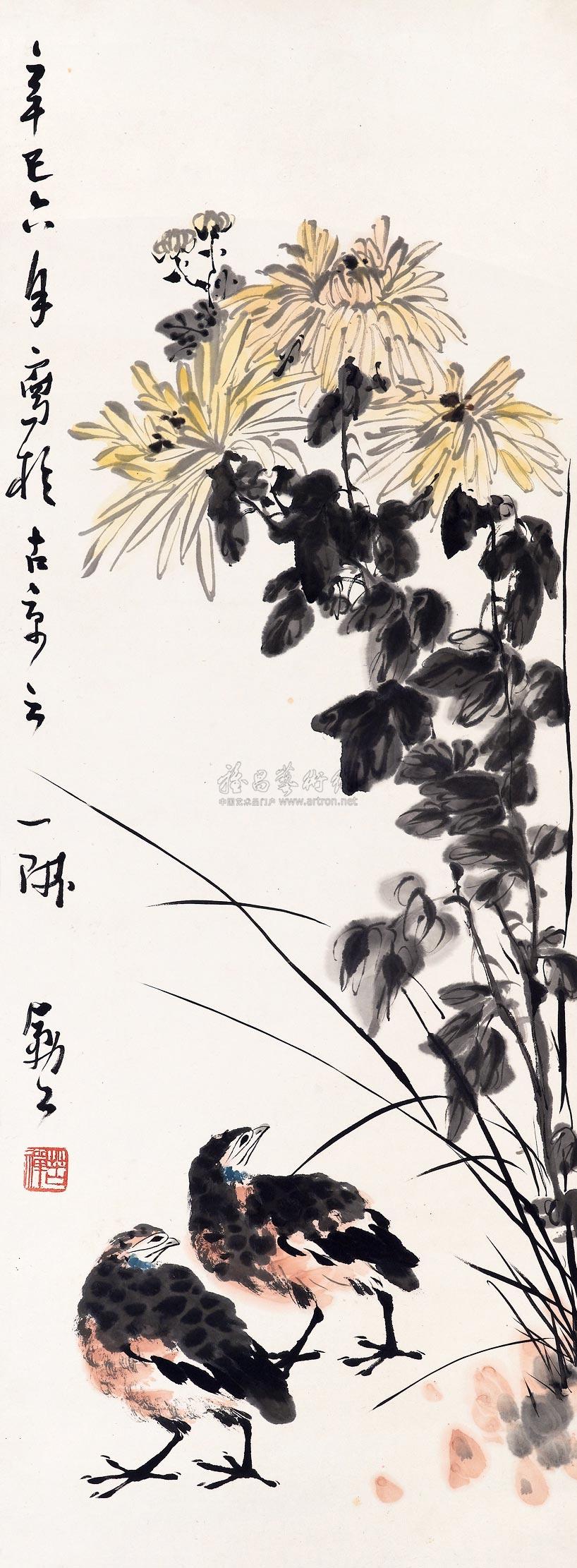 0268 1941年作 菊花鹌鹑 立轴 设色纸本