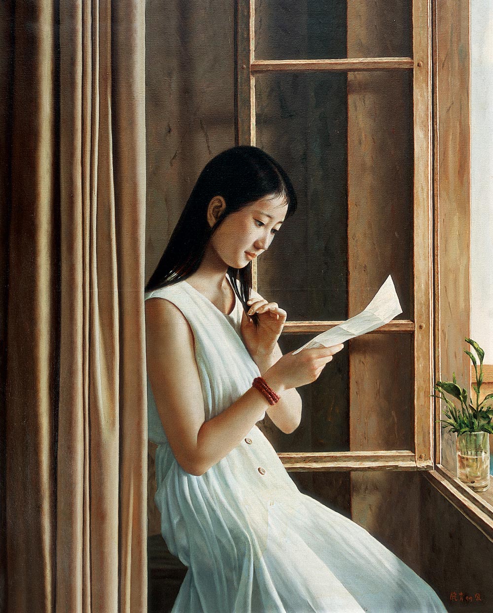 0088 1999年作 窗前读信的女孩 布面 油画