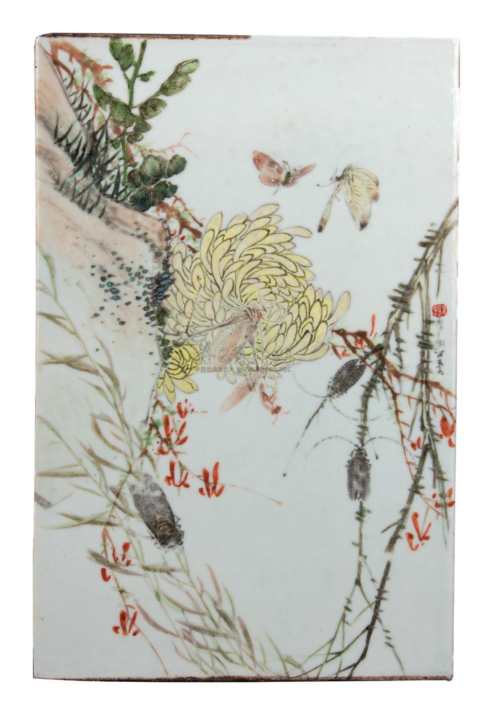 0158 清 金品卿·浅绛彩花蝶纹瓷板