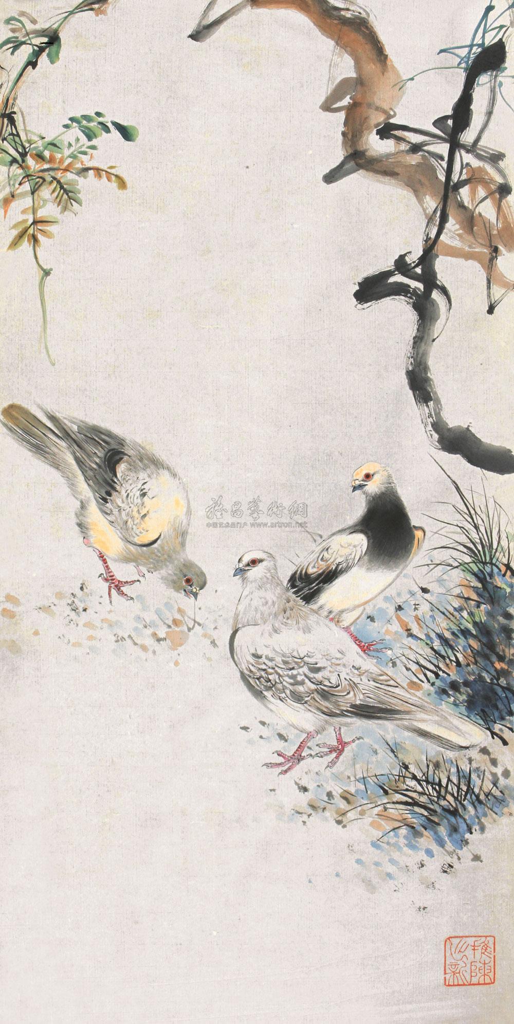 0080工笔鸽子镜心设色纸本