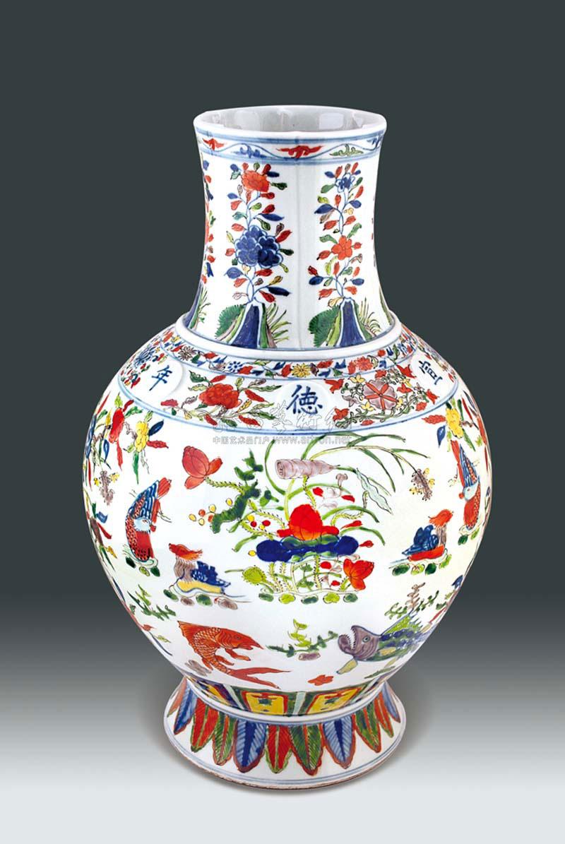 0091 清 仿宣德青花五彩荷趣纹瓶