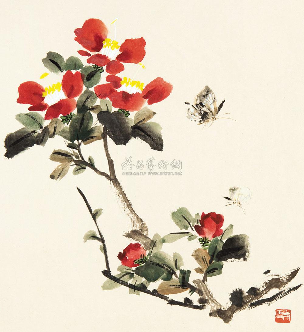0157 册页之六 茶花蝴蝶 镜心 设色纸本