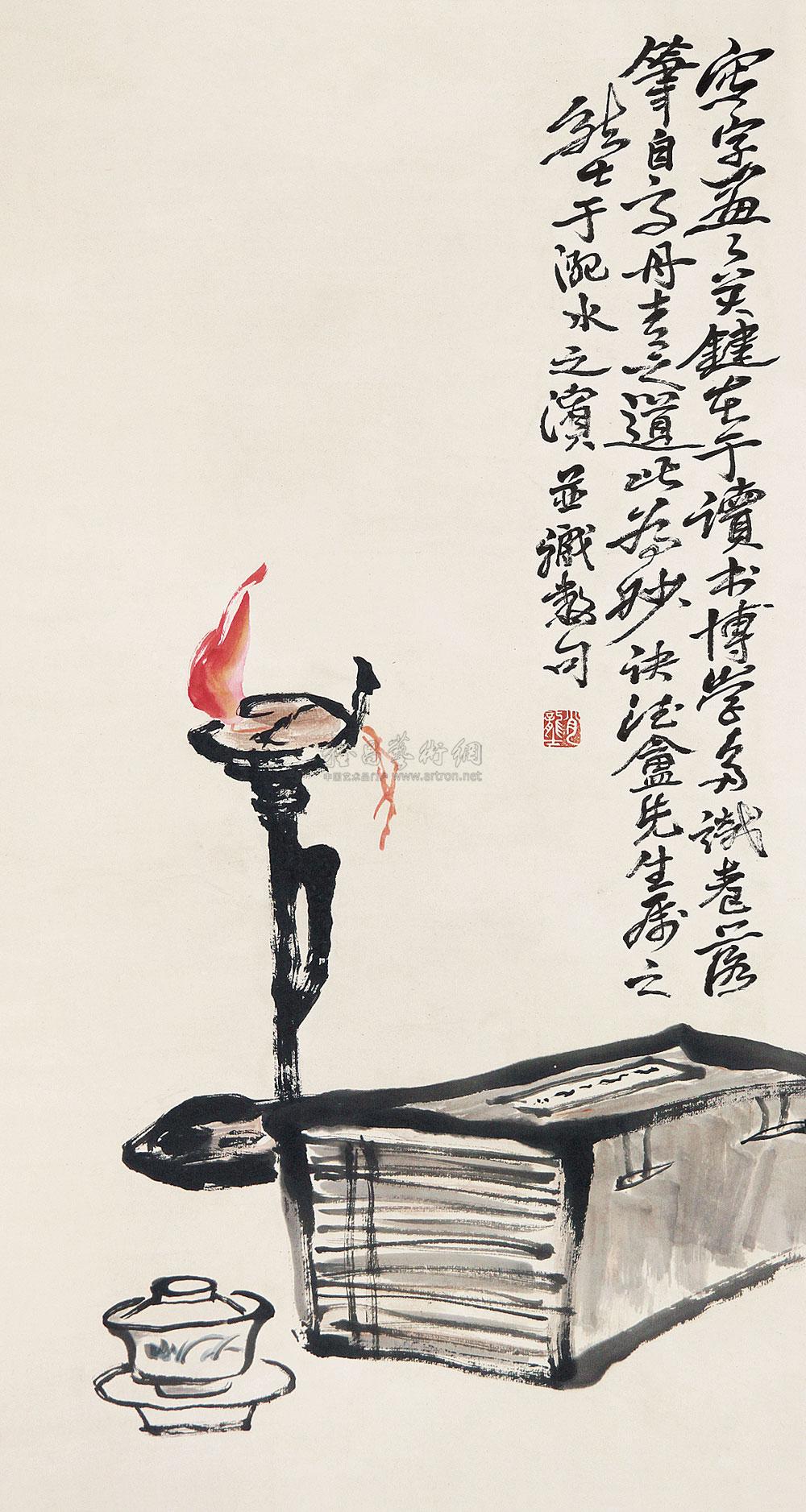 0421 油灯览书图 立轴 纸本