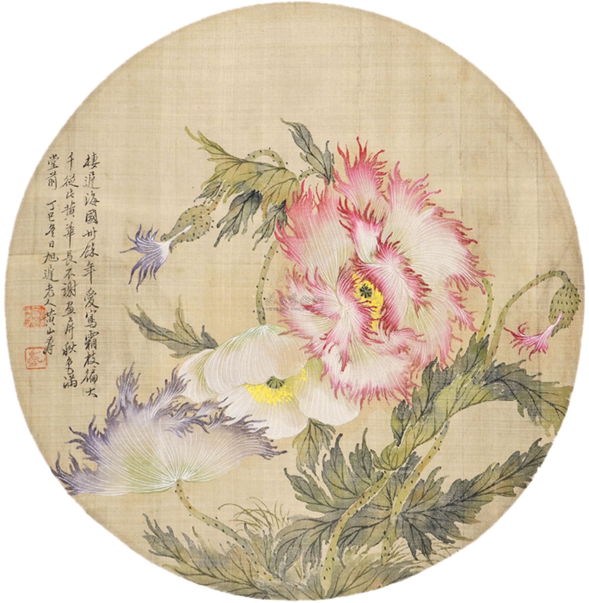 【花卉 镜片 圆光 设色绢本】拍卖品_图片_价格_鉴