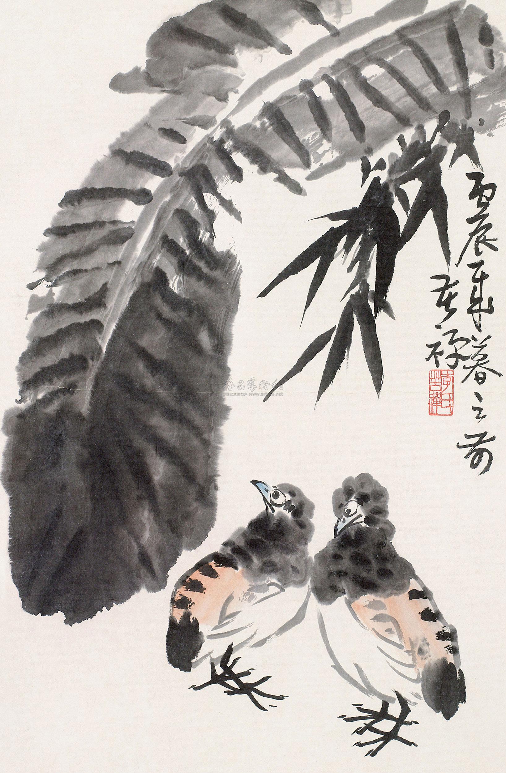 0543 1976年作 芭蕉鹌鹑 镜框 设色纸本