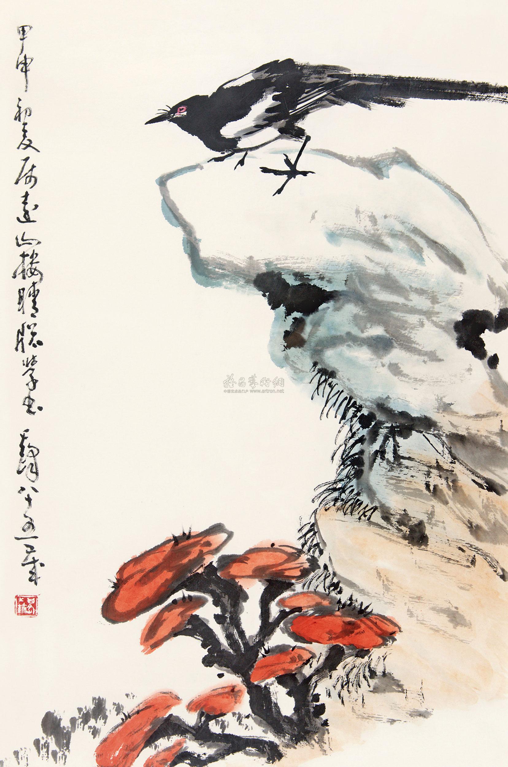 0538 2004年作 灵芝喜鹊 镜框 设色纸本