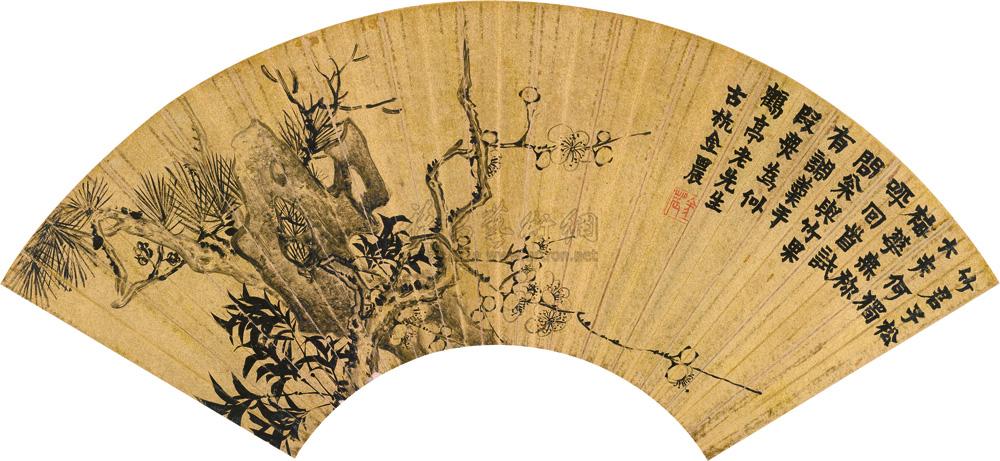 0697岁寒三友扇面水墨金笺