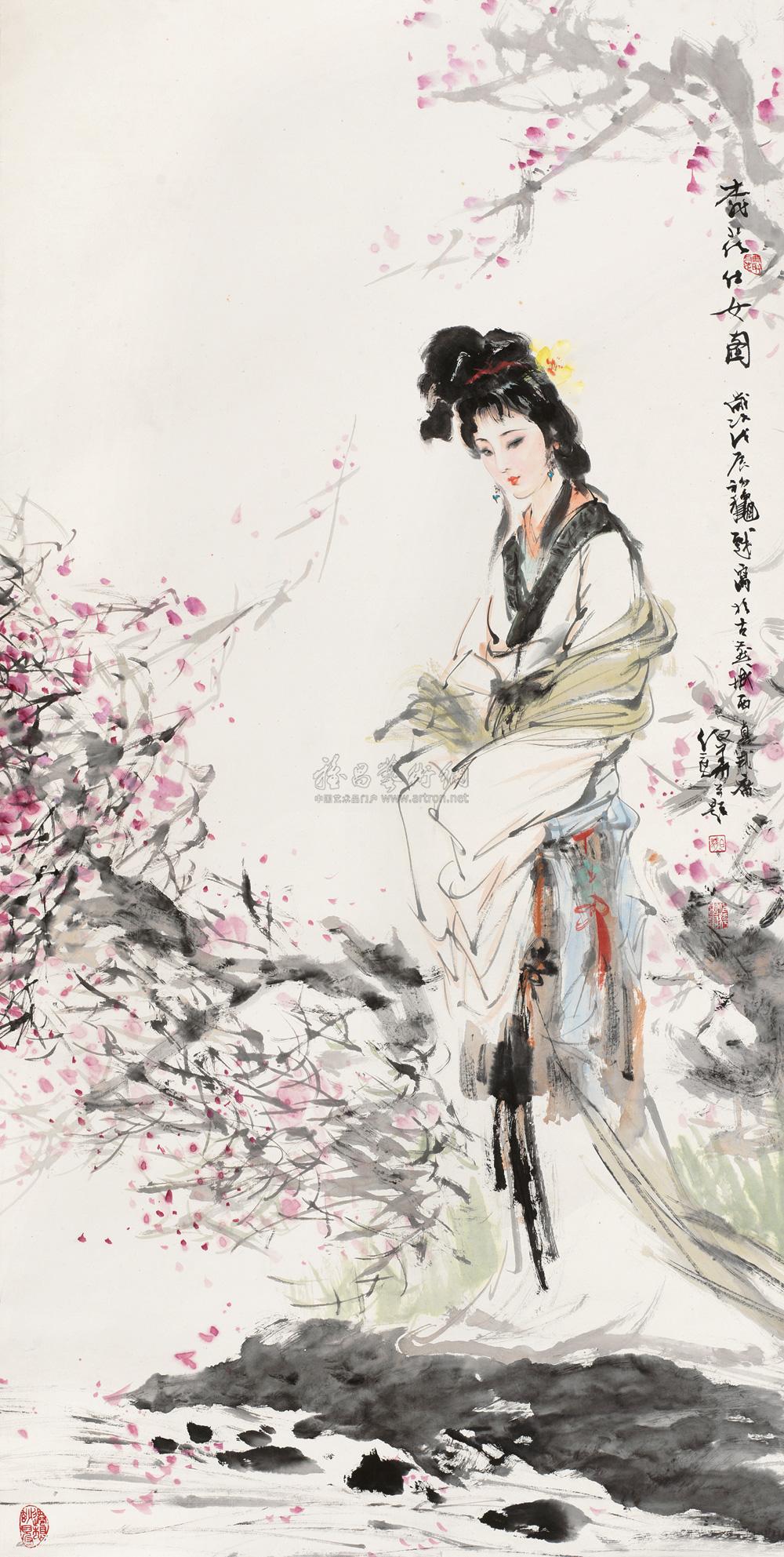 0317 1988年作 杏花仕女图 立轴 设色纸本
