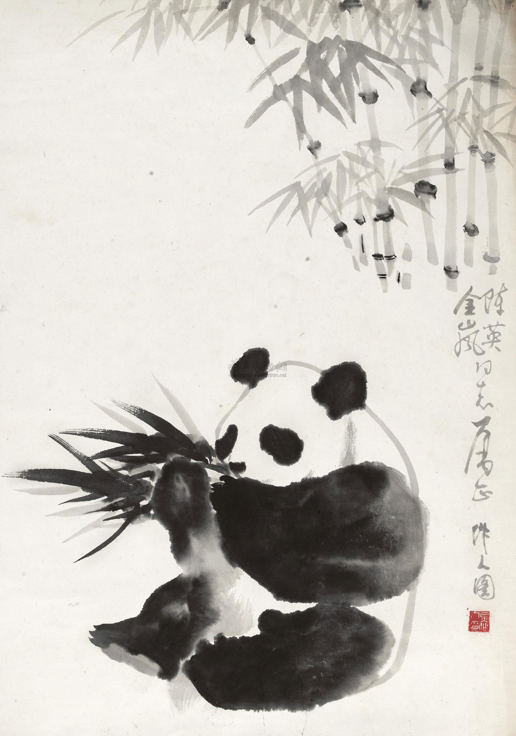 0532 熊猫抱竹 镜心 水墨纸本