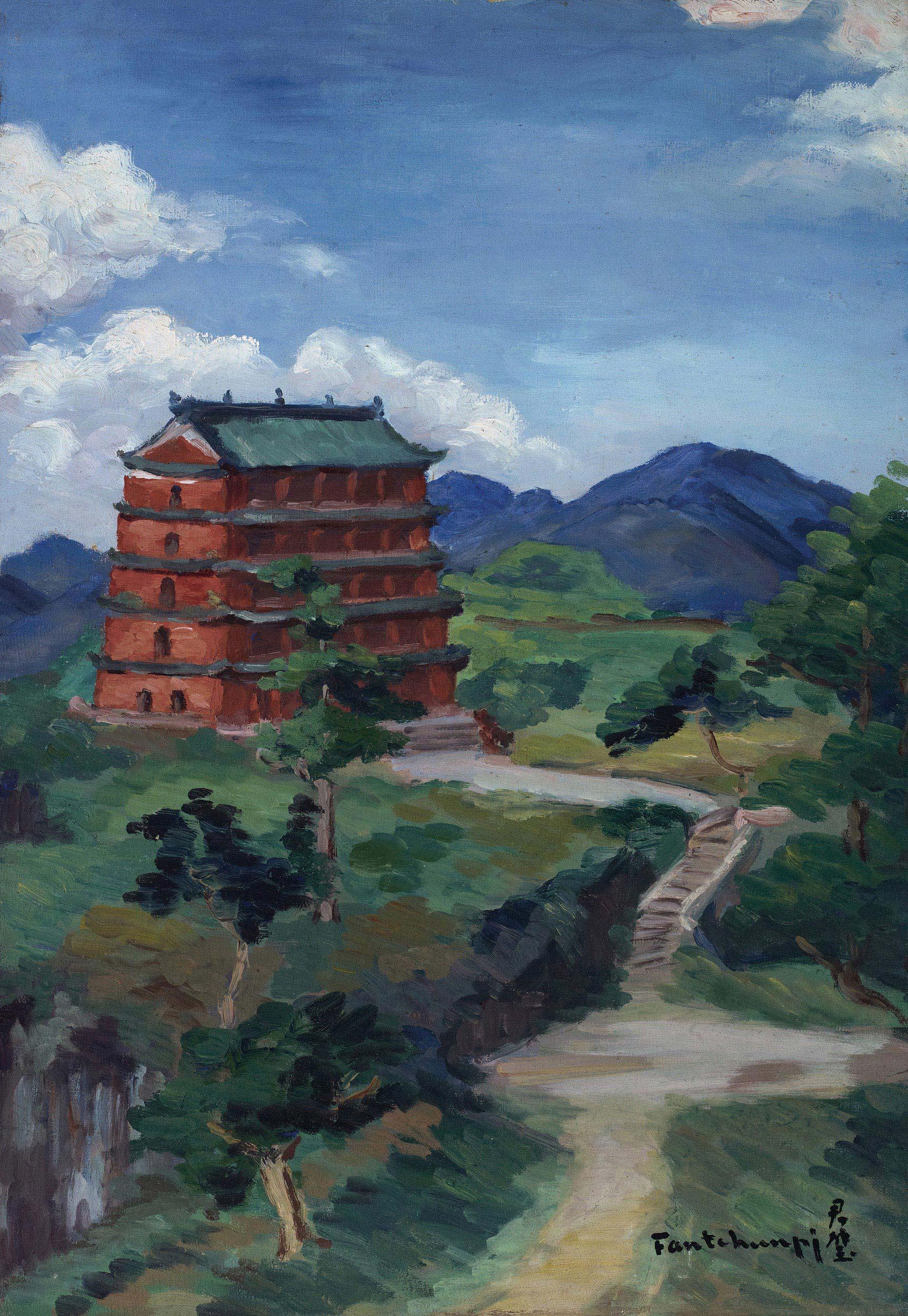 2105 1944年作 广州镇海楼 布面 油画