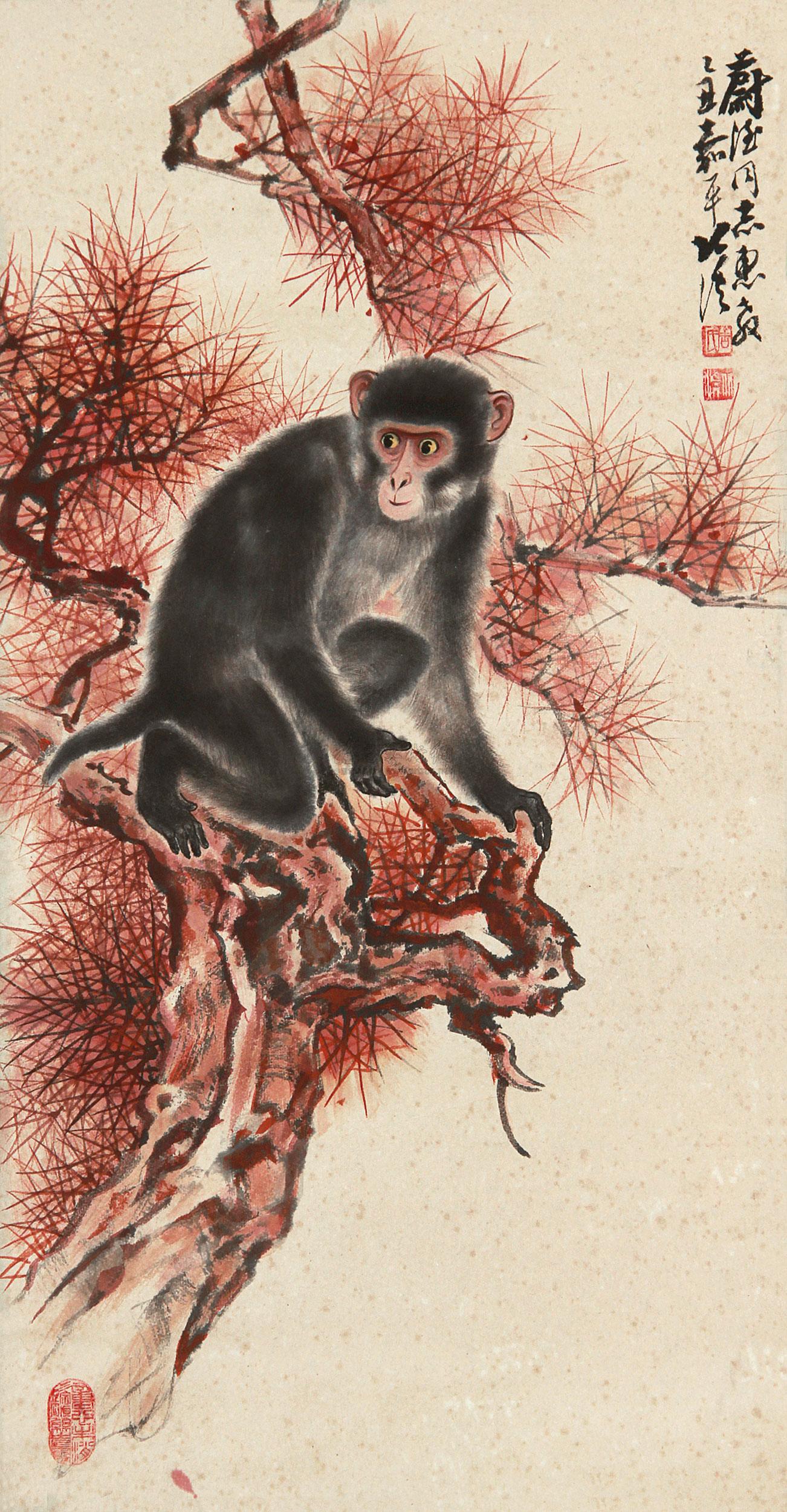 0088 灵猴红松图