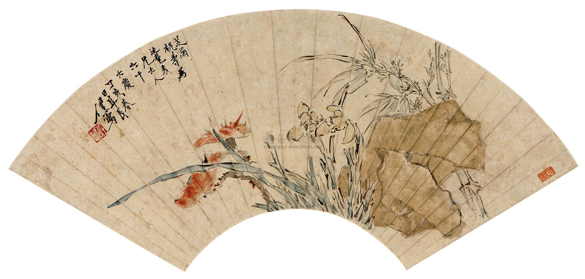 10191887年作芝兰祝寿扇面镜框设色纸本