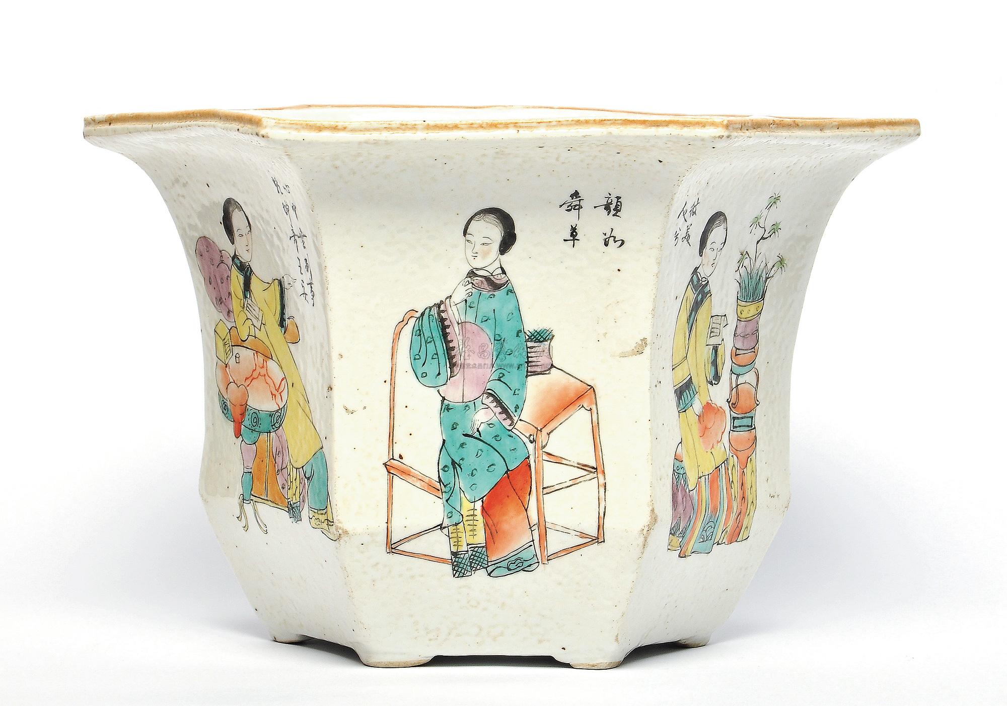 0507五彩仕女图六角花盆