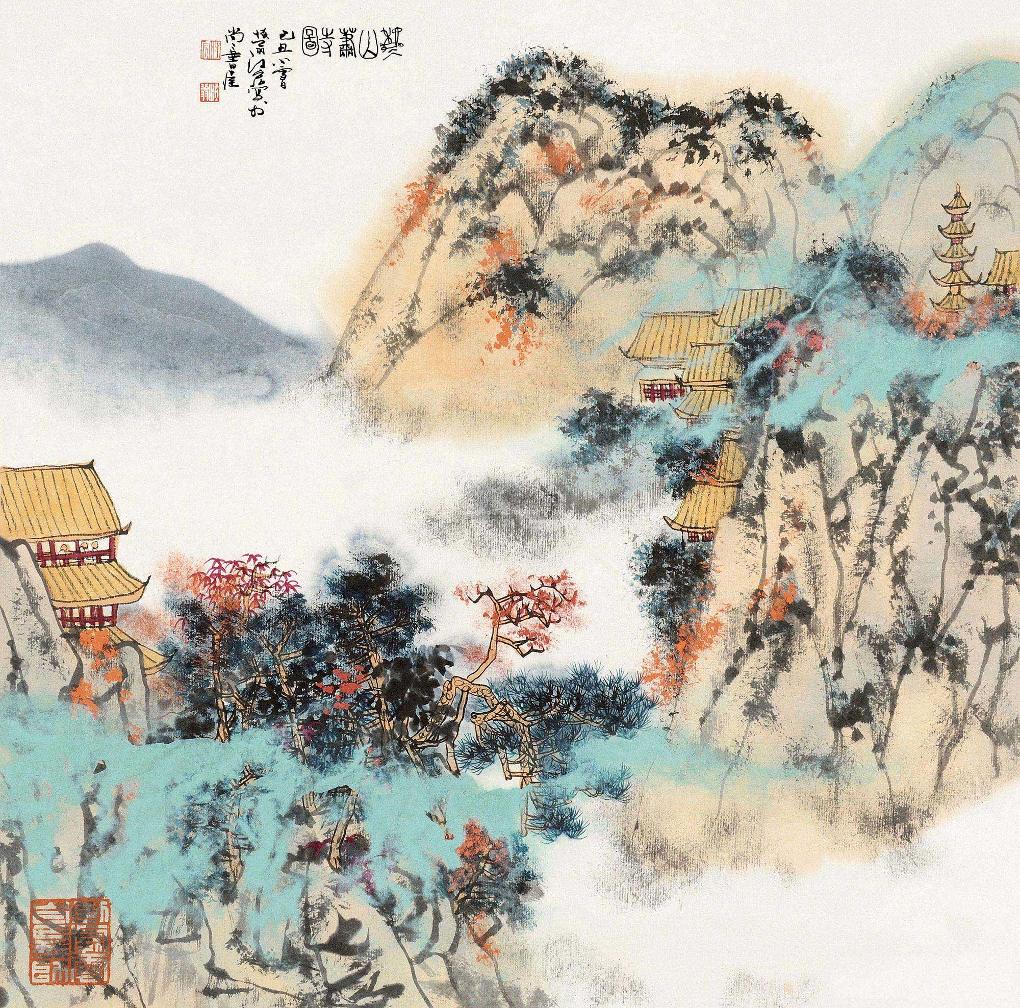 1659己丑2009年作秋山萧寺镜片设色纸本