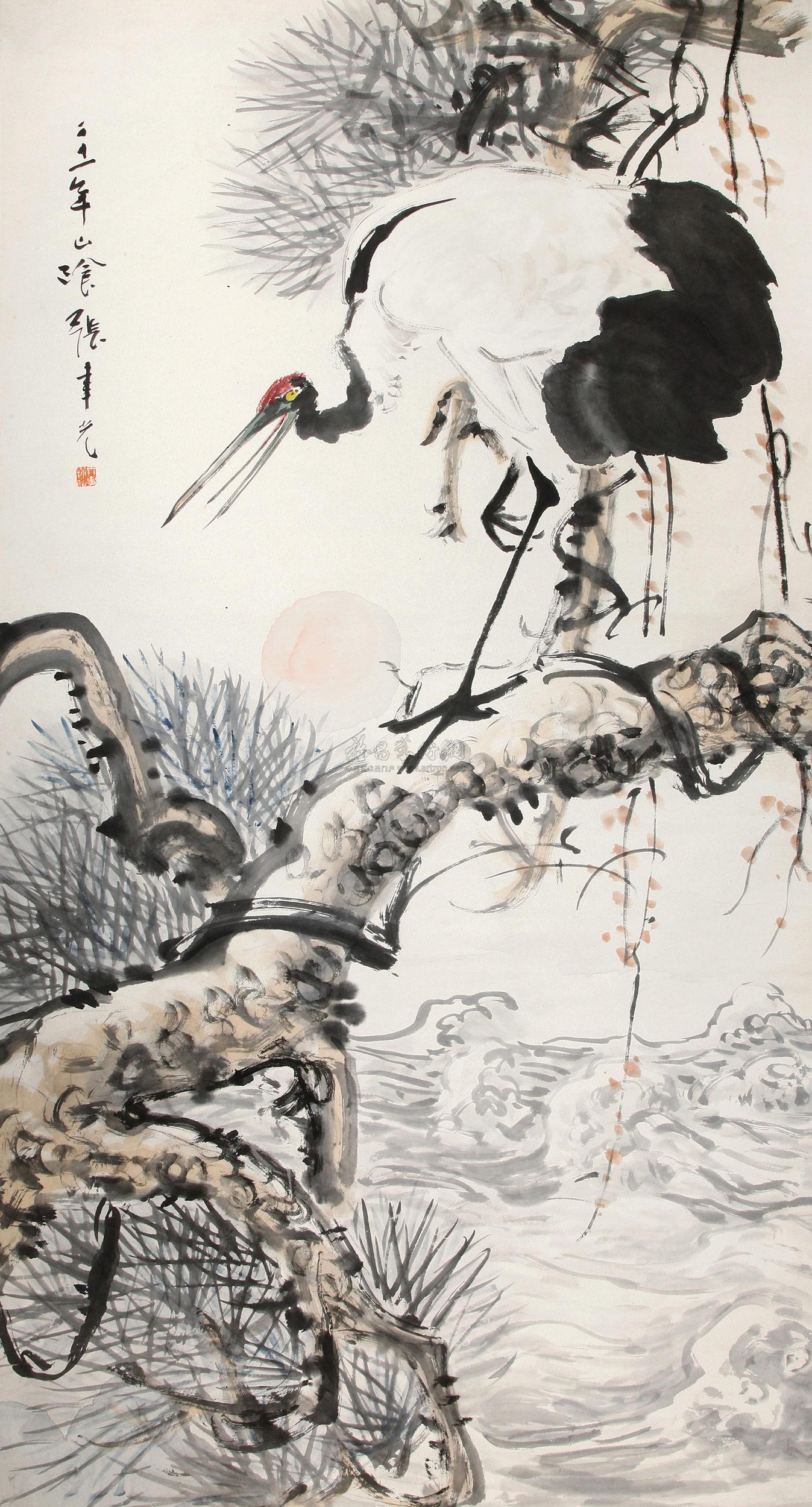 0483 1932年作 松鹤图 立轴 设色纸本