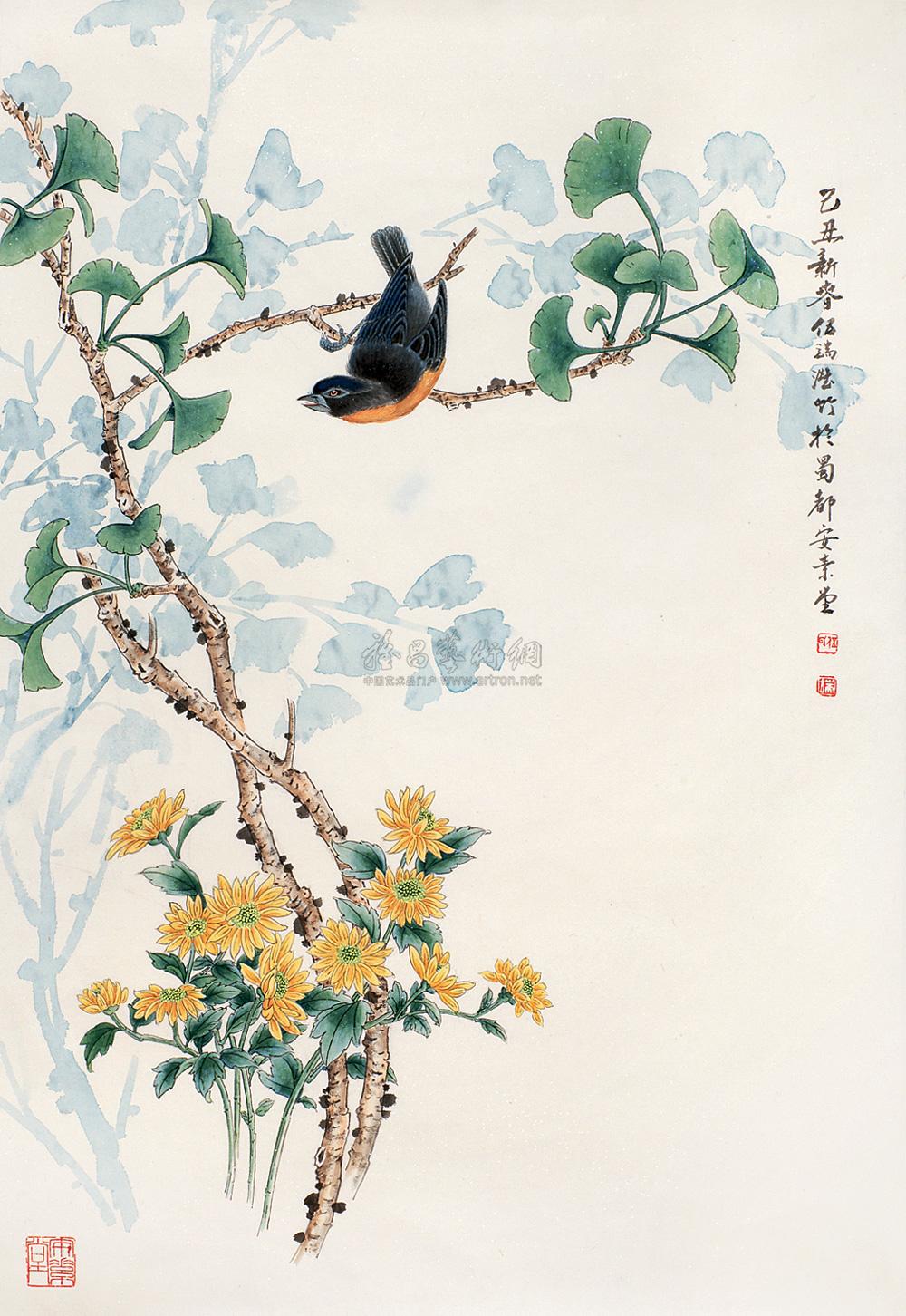 0260 银杏花鸟 镜片 设色纸本