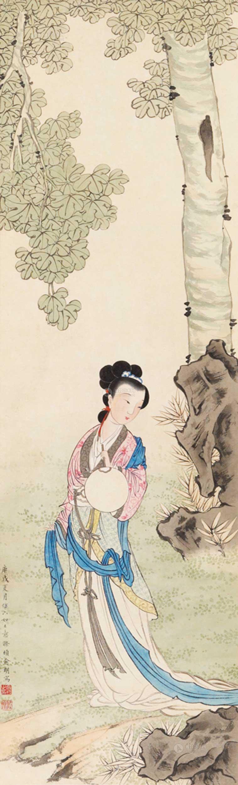 1920 桐荫仕女 立轴 设色纸本