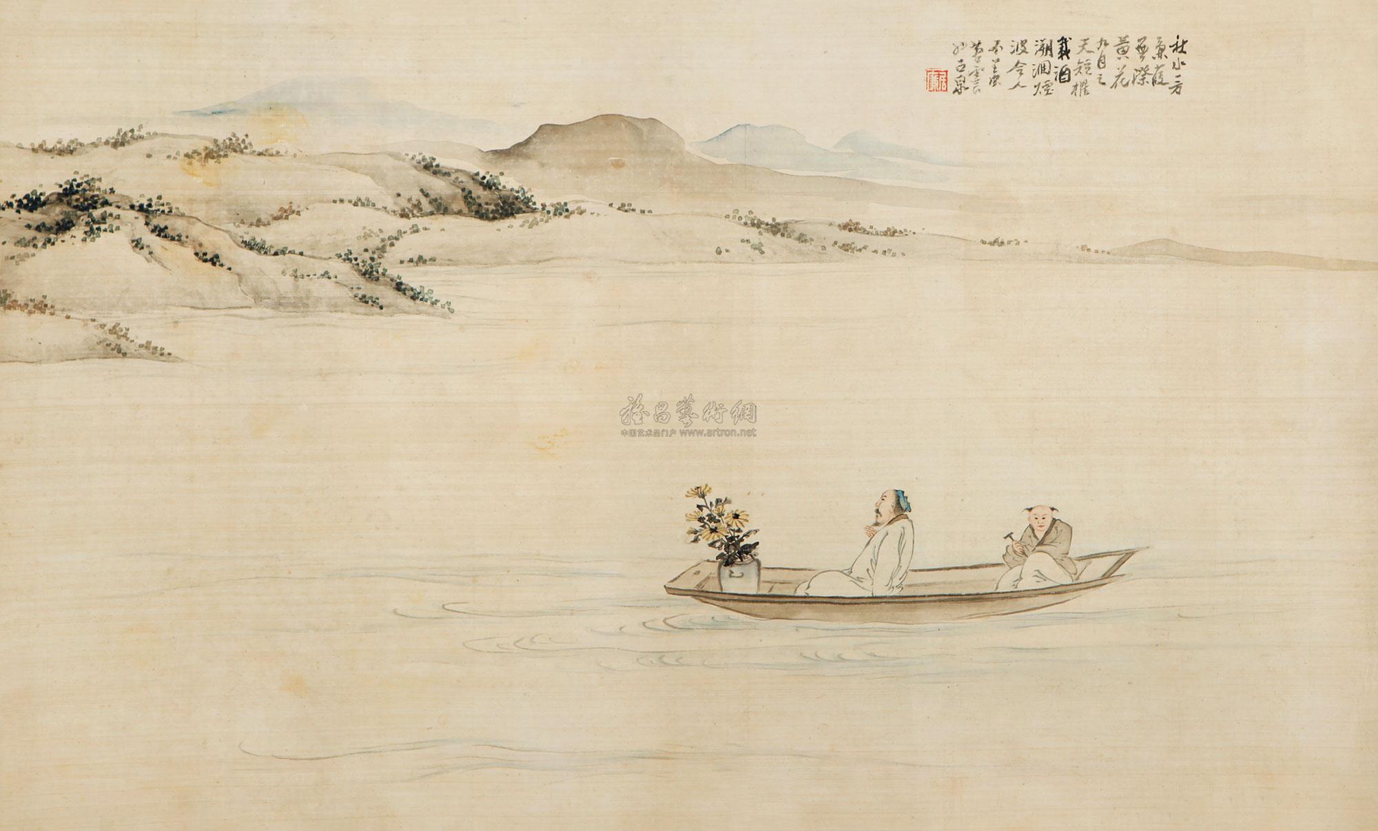 0495 乘舟赏菊图 镜心 设色绢本