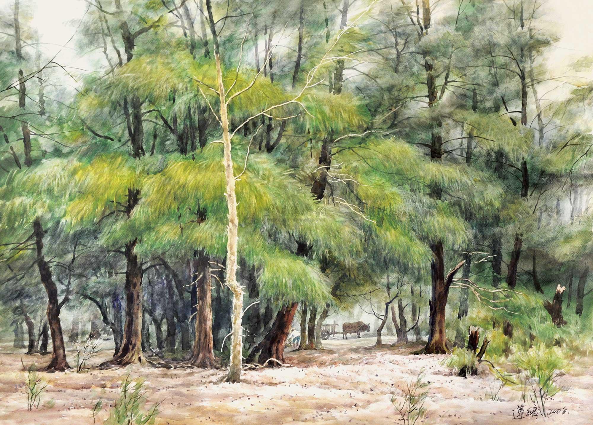 0470 2008年作 沙洲绿荫 纸本 水彩画 镜框