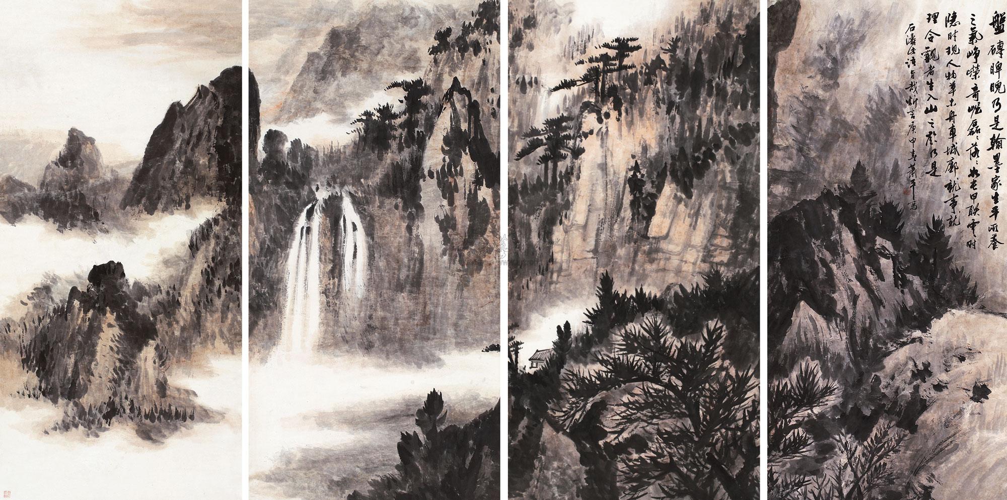 0170 1980年作 通景山水 四条屏立轴 纸本