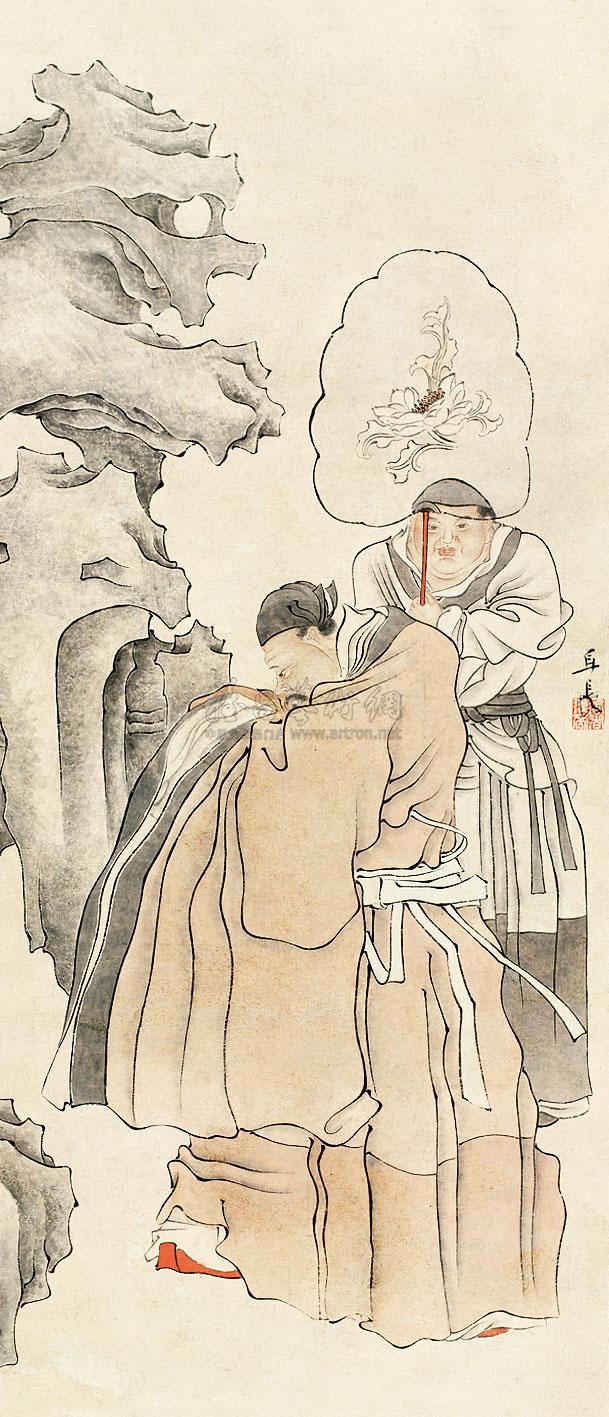 0683米芾拜石图立轴设色纸本