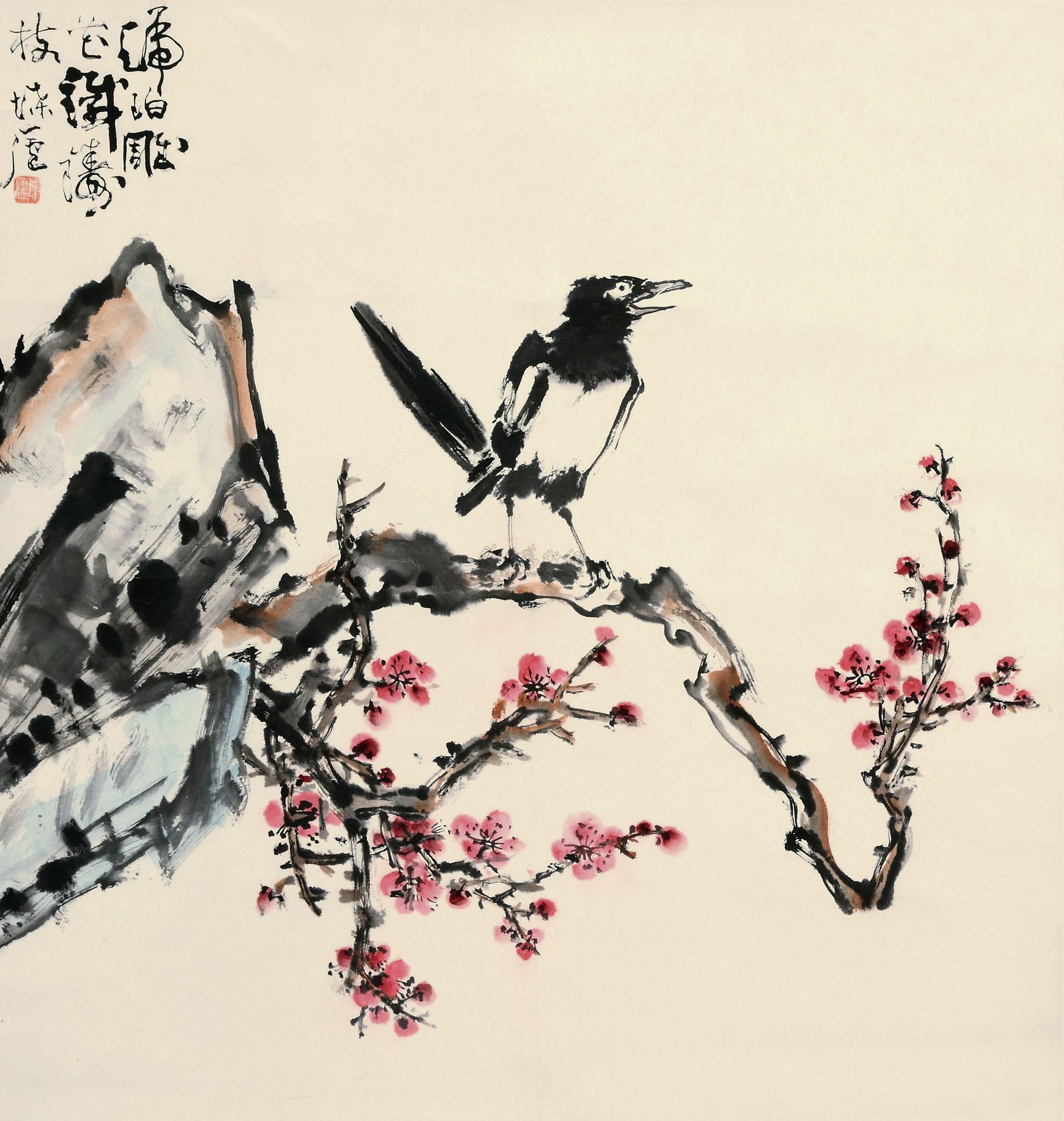 0063喜鹊登梅立轴设色纸本