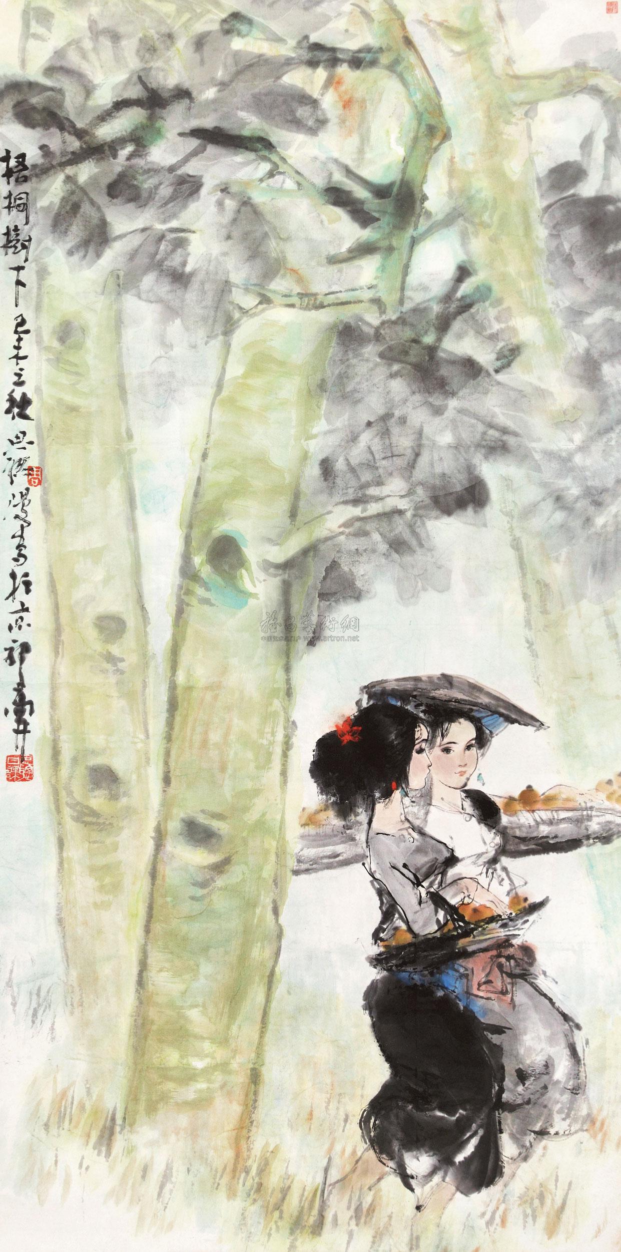 0647 1979年作 梧桐树下 立轴 设色纸本