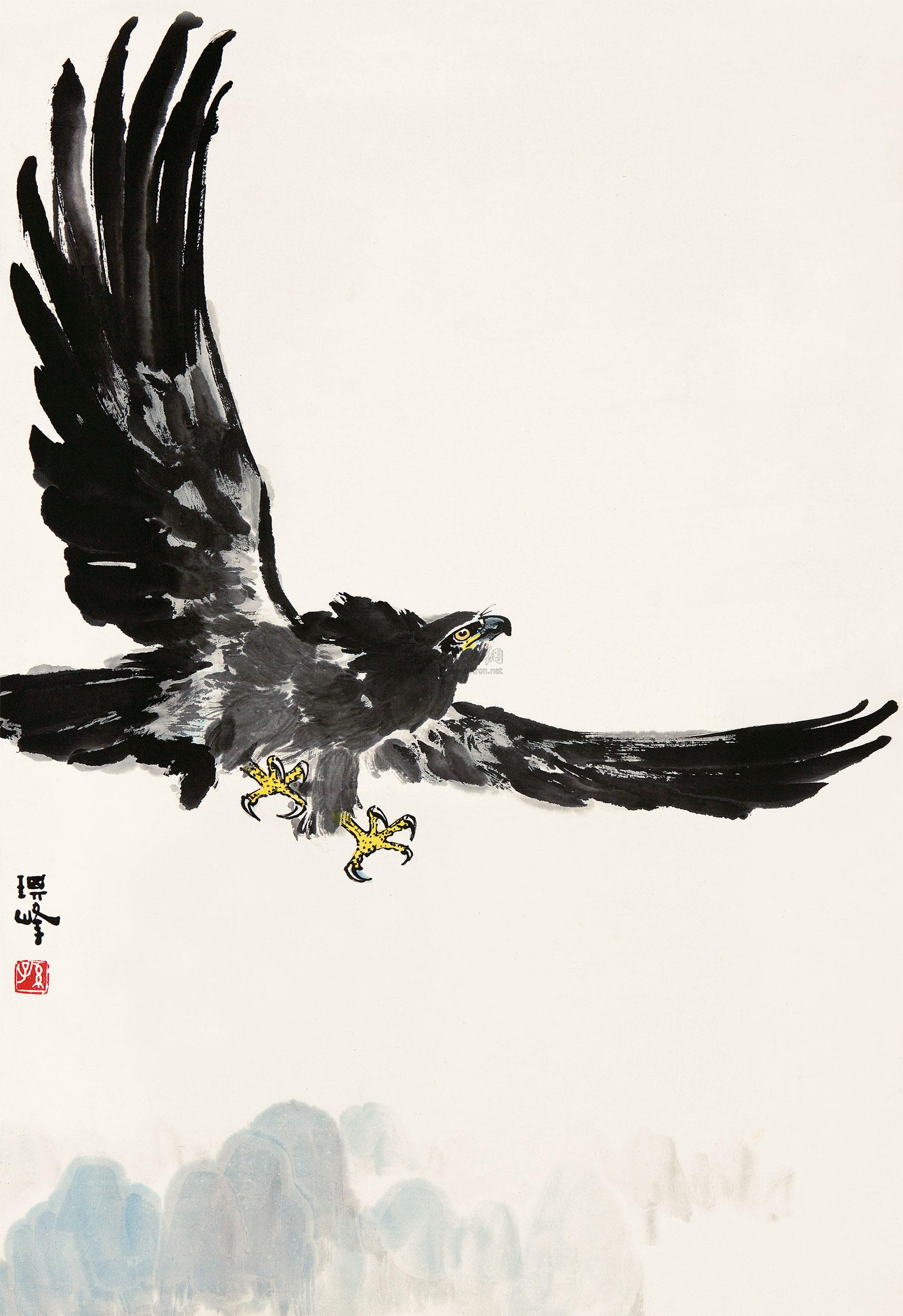 0398 飞鹰 立轴 设色纸本