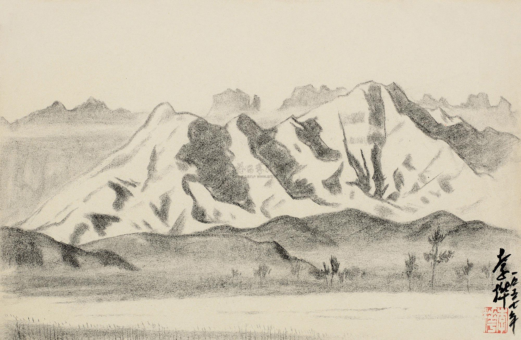 0746 1957年作 阳光下的山景 纸本素描