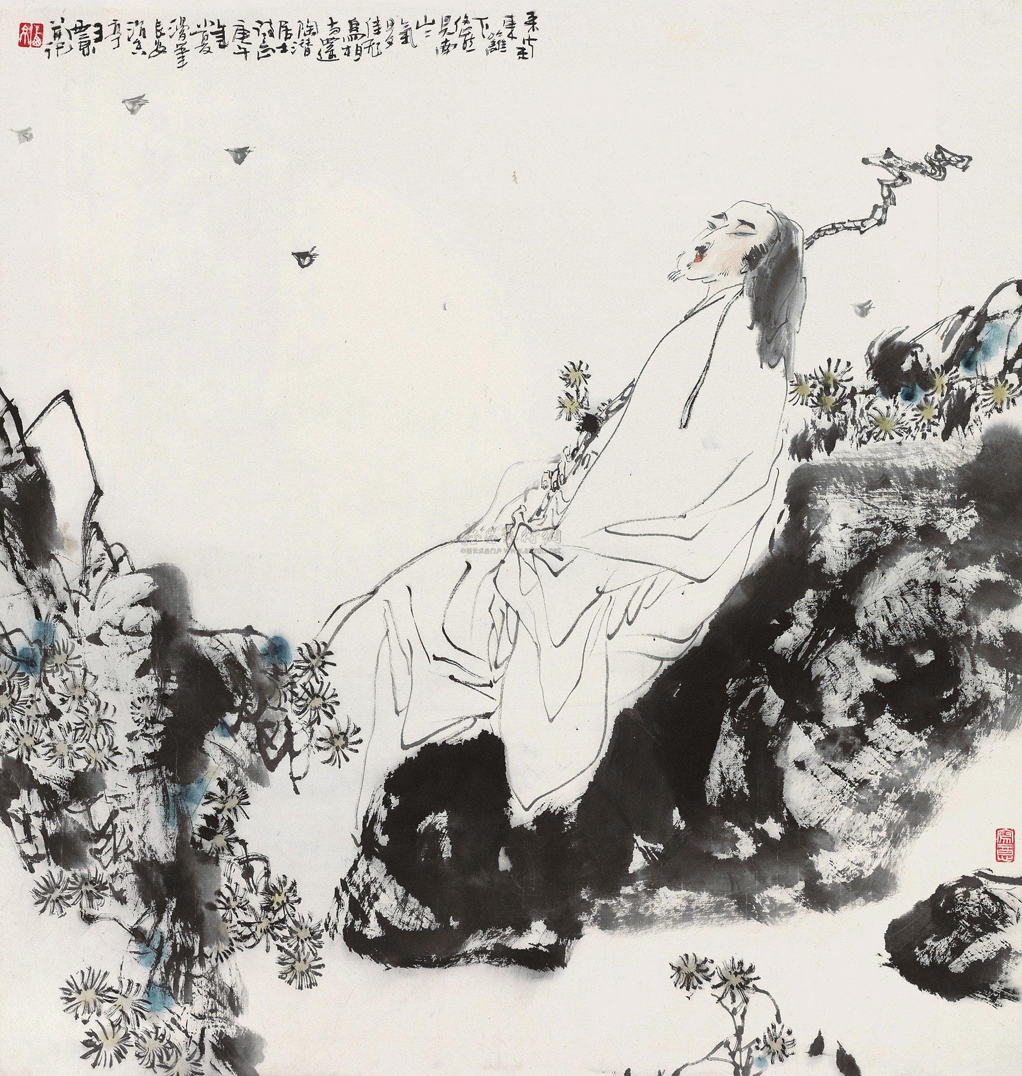 0441 1990年作 陶渊明诗意图 镜片 设色纸本
