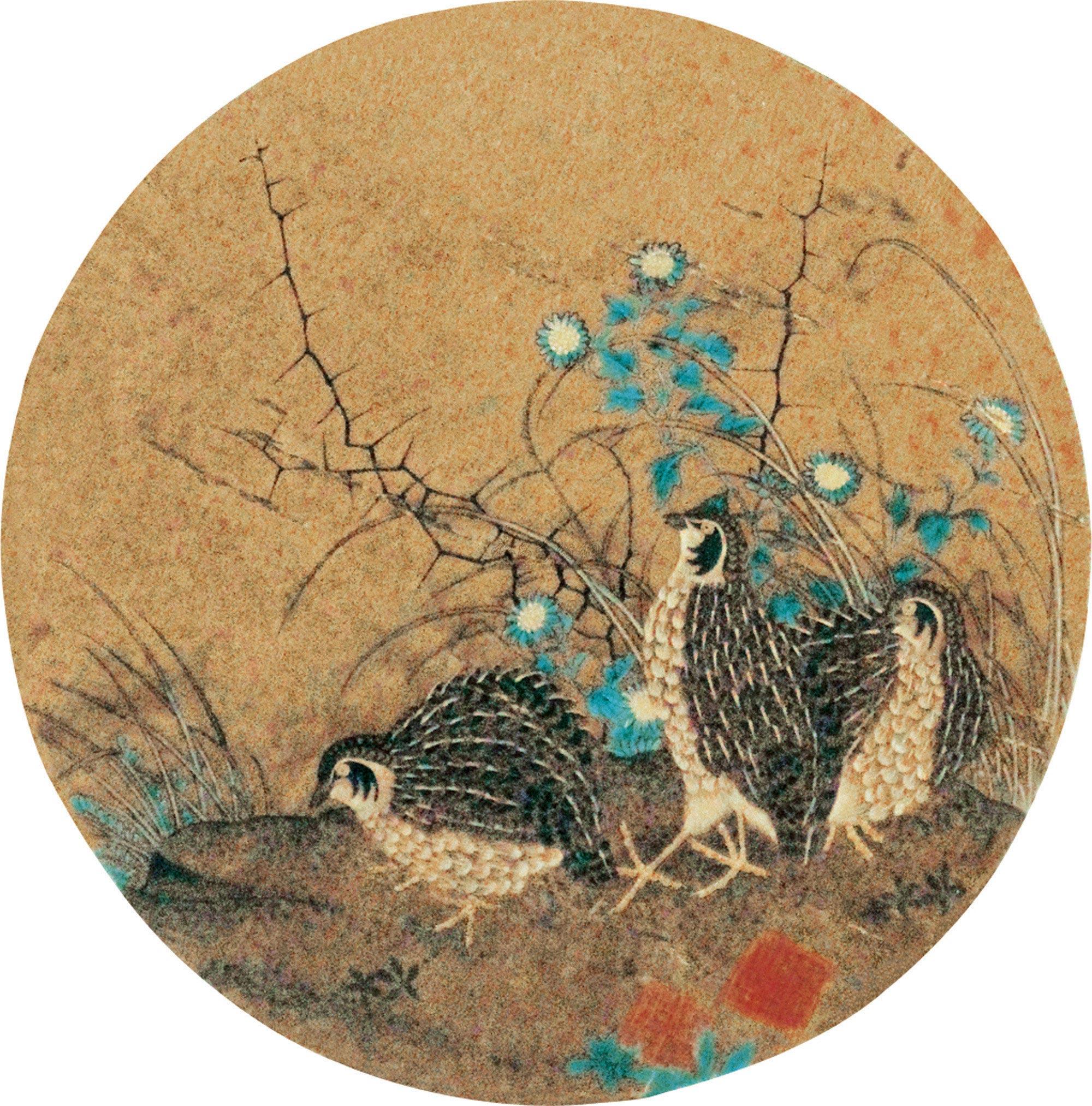 0030 鹌鹑图 团扇轴 绢本