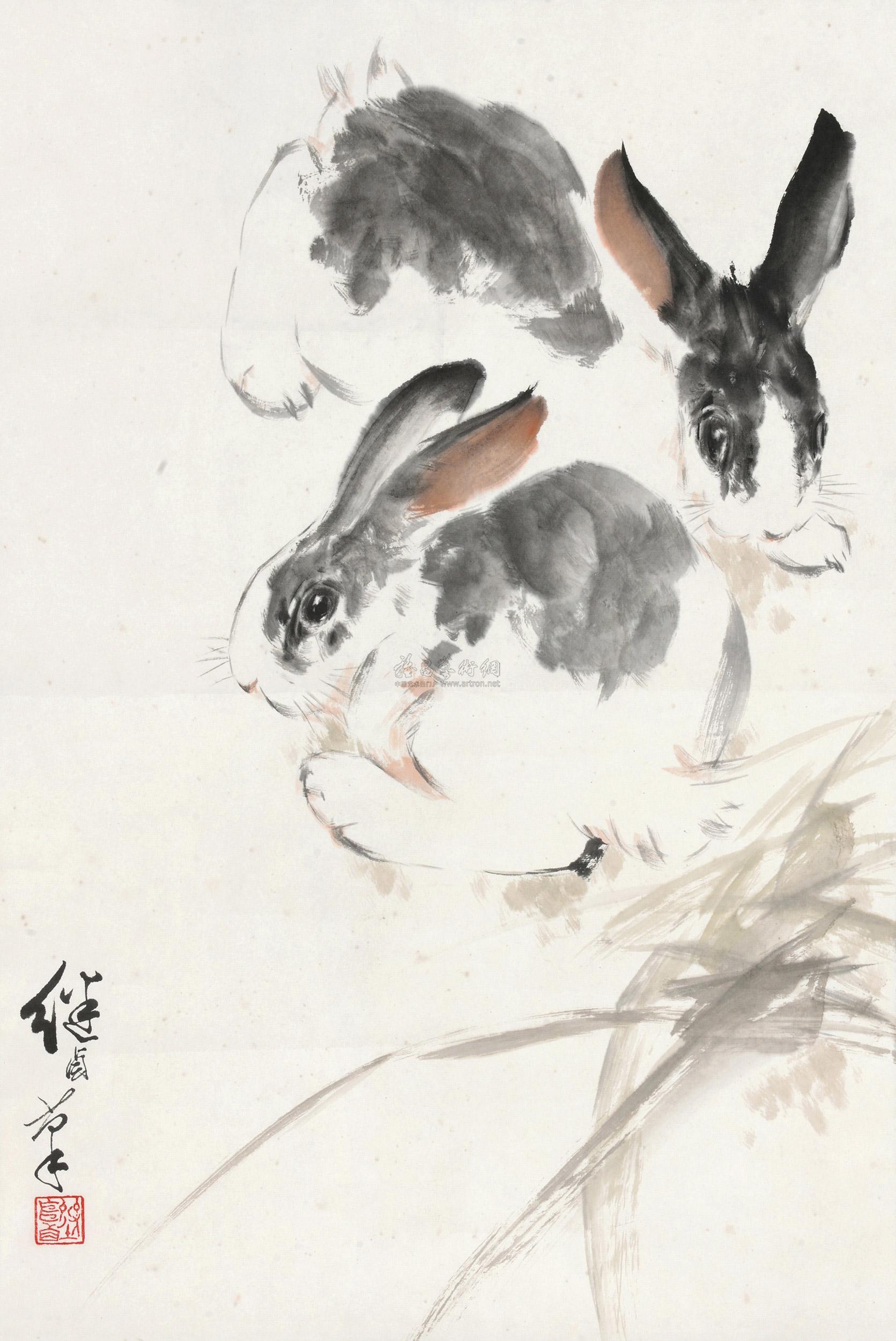 4385 双兔 立轴 设色纸本