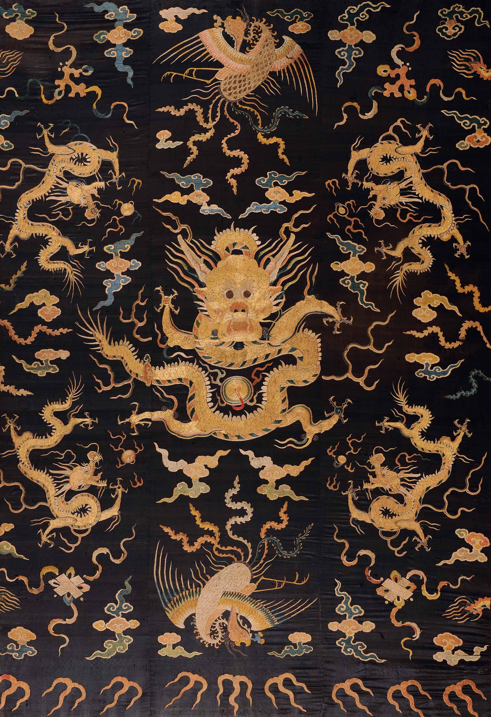 *3596 明 藏青地绣龙凤呈祥帐帘