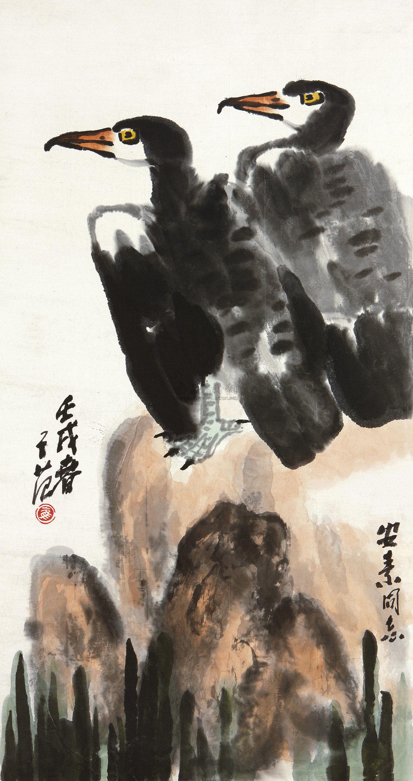 0044 1982年作 鱼鹰 镜框 设色纸本