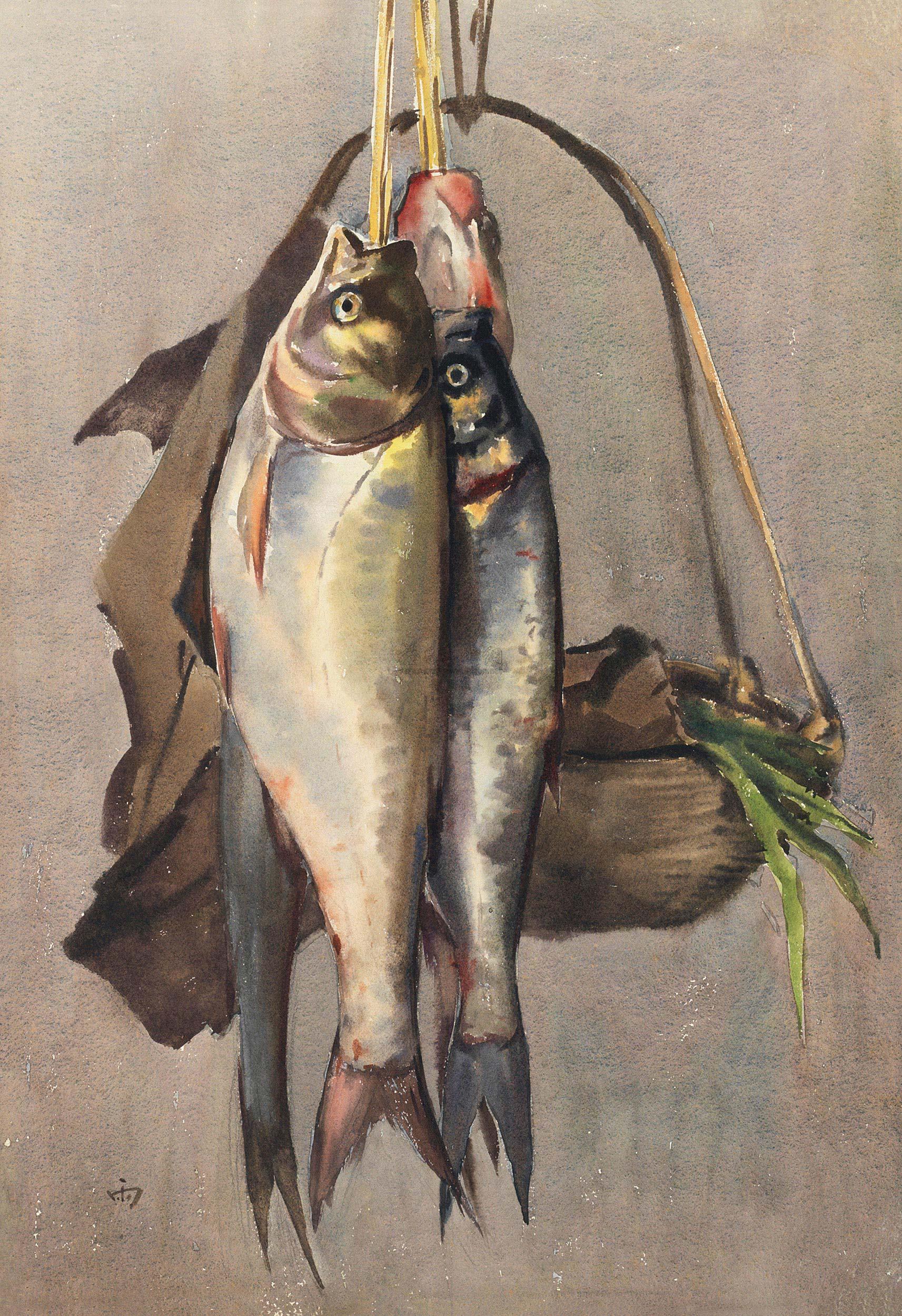 1952鱼水彩纸本