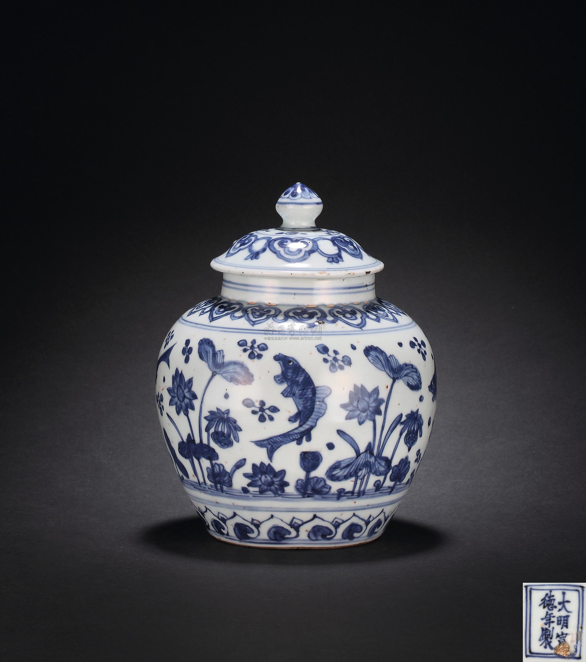 【明嘉靖 青花渔藻纹盖罐】拍卖品_图片_价格_鉴赏_明代青花瓷器_雅昌