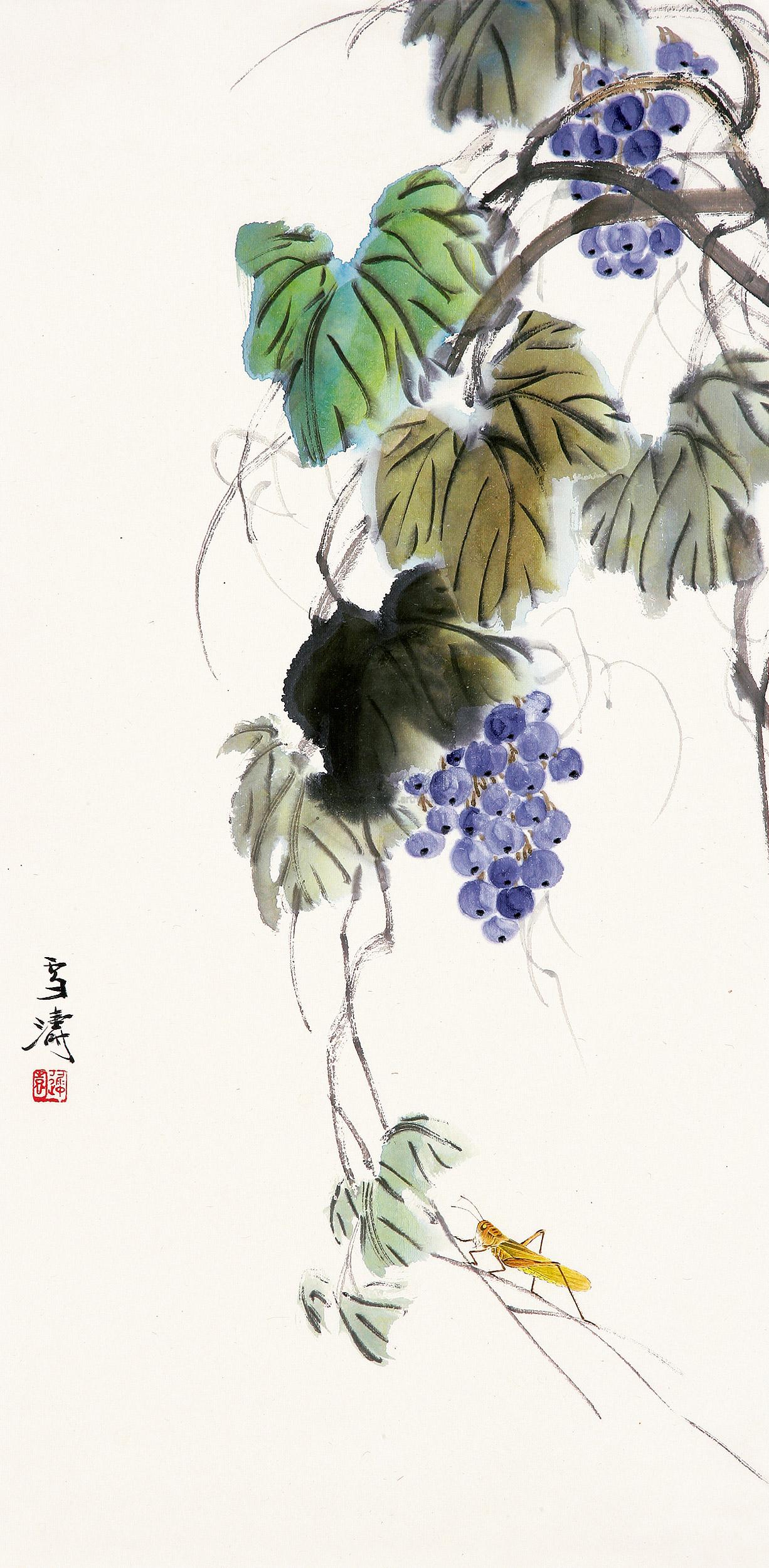 0781葡萄草虫图立轴设色纸本
