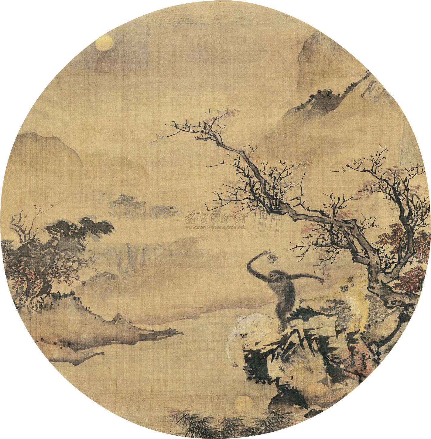 0101 猴子捞月图 圆光立轴 设色绢本