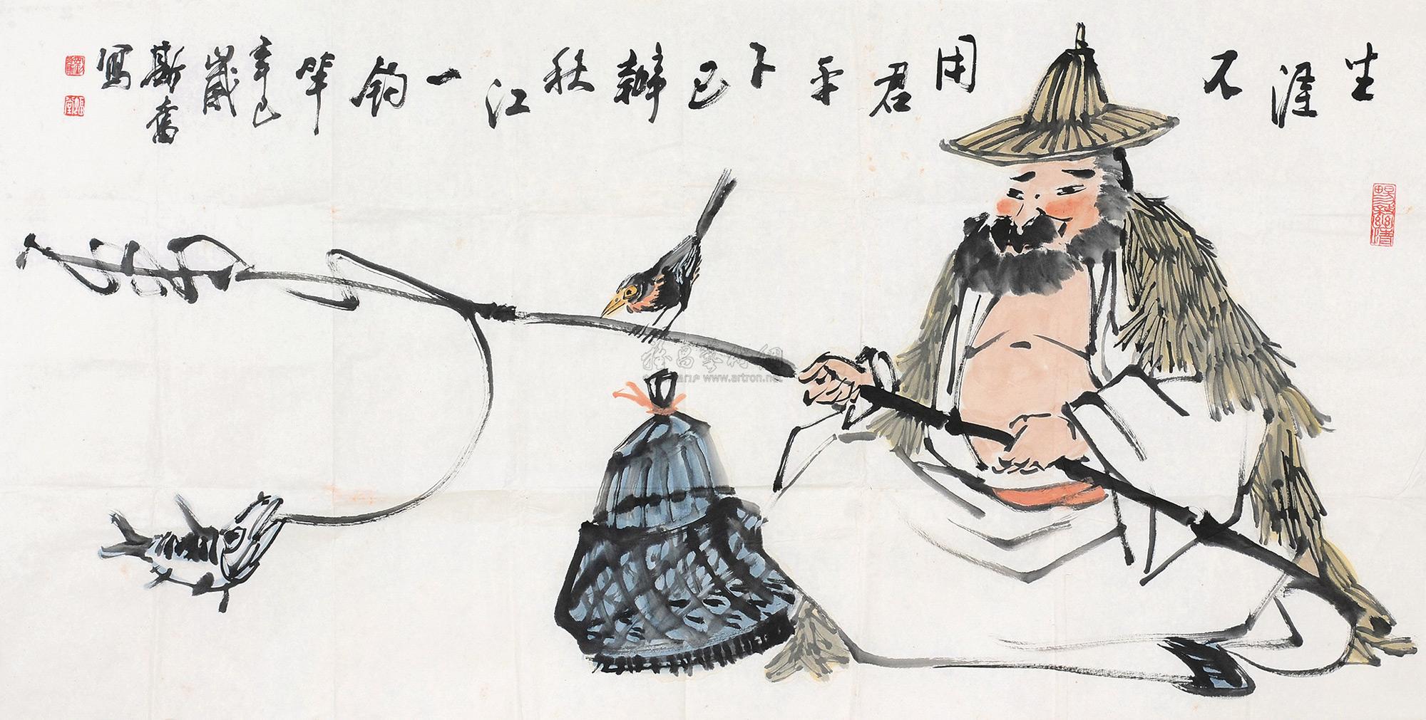 0501钓鱼翁画心设色纸本